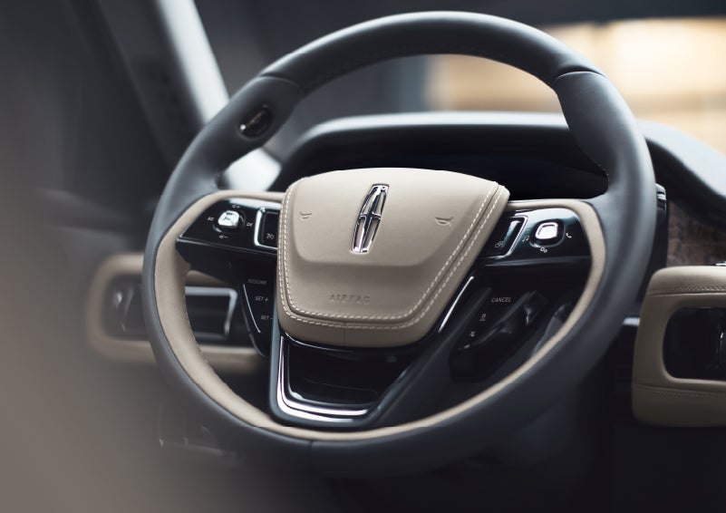 The intuitively placed controls of the steering wheel on a 2024 Lincoln Aviator® SUV | Doral Lincoln in Doral FL