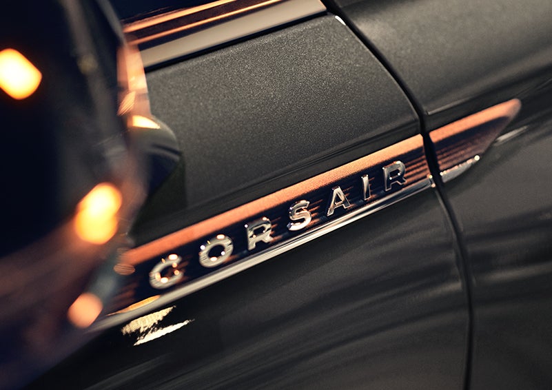 The stylish chrome badge reading “CORSAIR” is shown on the exterior of the vehicle. | Doral Lincoln in Doral FL